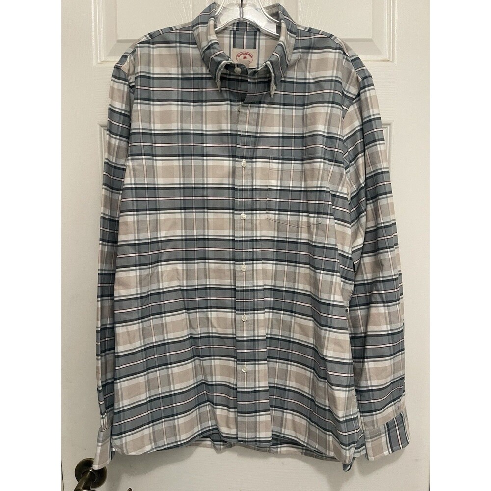 BROOKS BROTHERS Red Fleece L/S Gray Tan Plaid Button Down Collar Shirt - Sz L